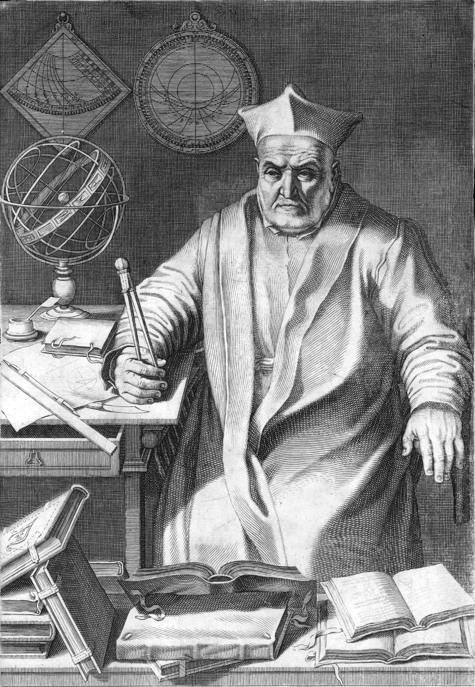 An engraved portrait of the Jesuit mathematician Christopher Clavius at his desk with an armillary sphere.
