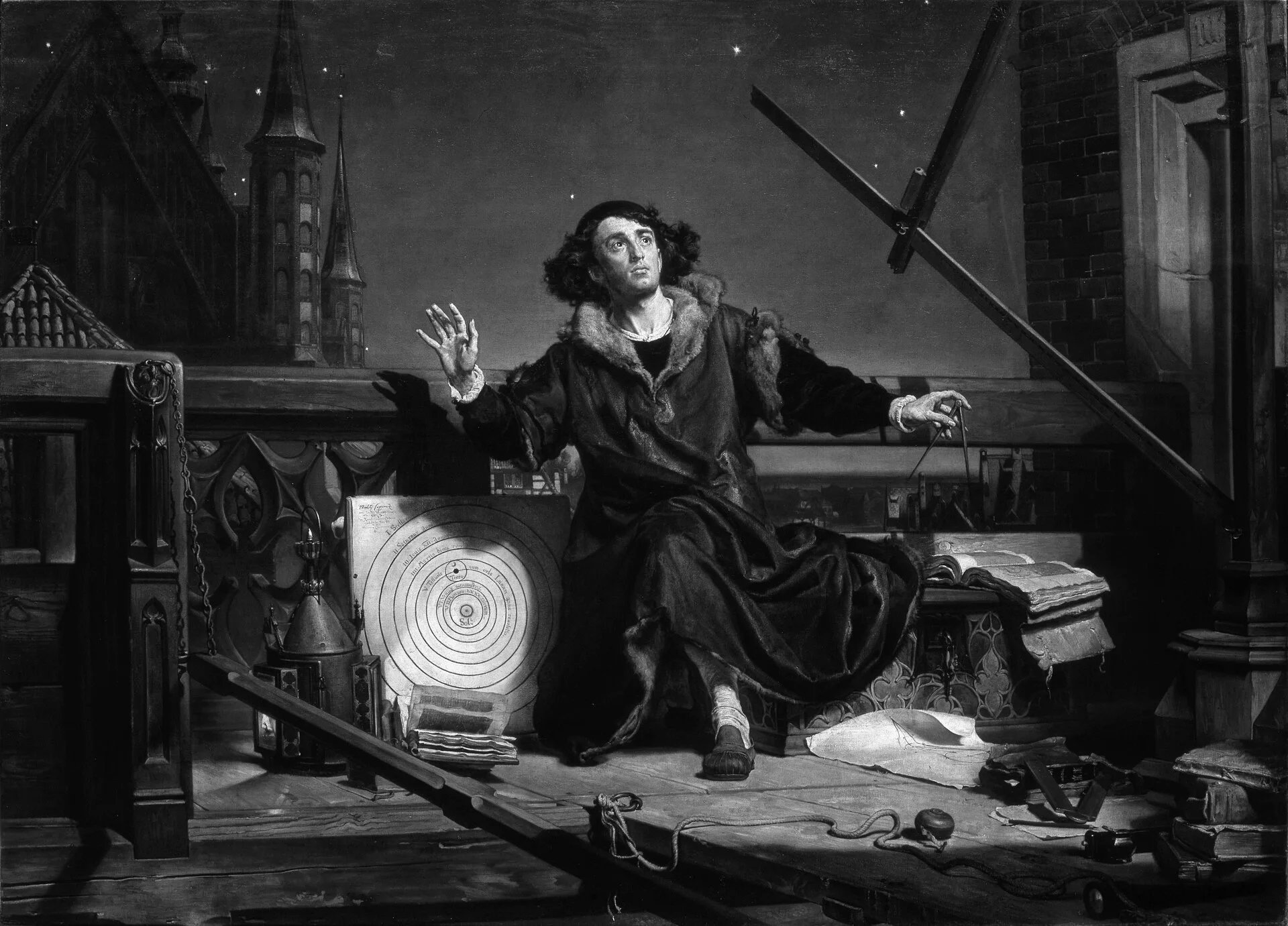 Jan Matejko's painting of Nicolaus Copernicus observing the night sky from a cathedral tower.