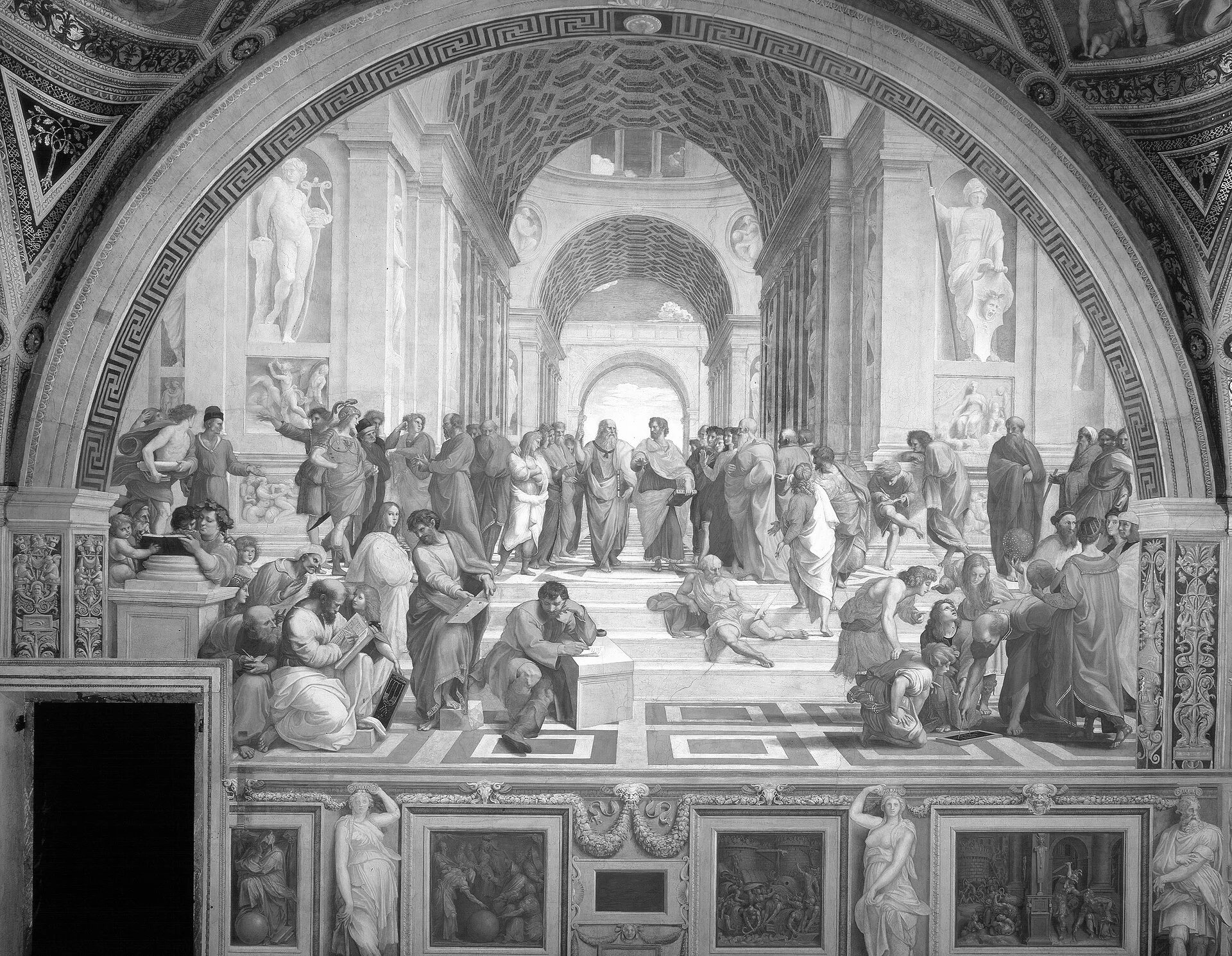 Raphael's fresco The School of Athens, a hall of philosophers in debate.